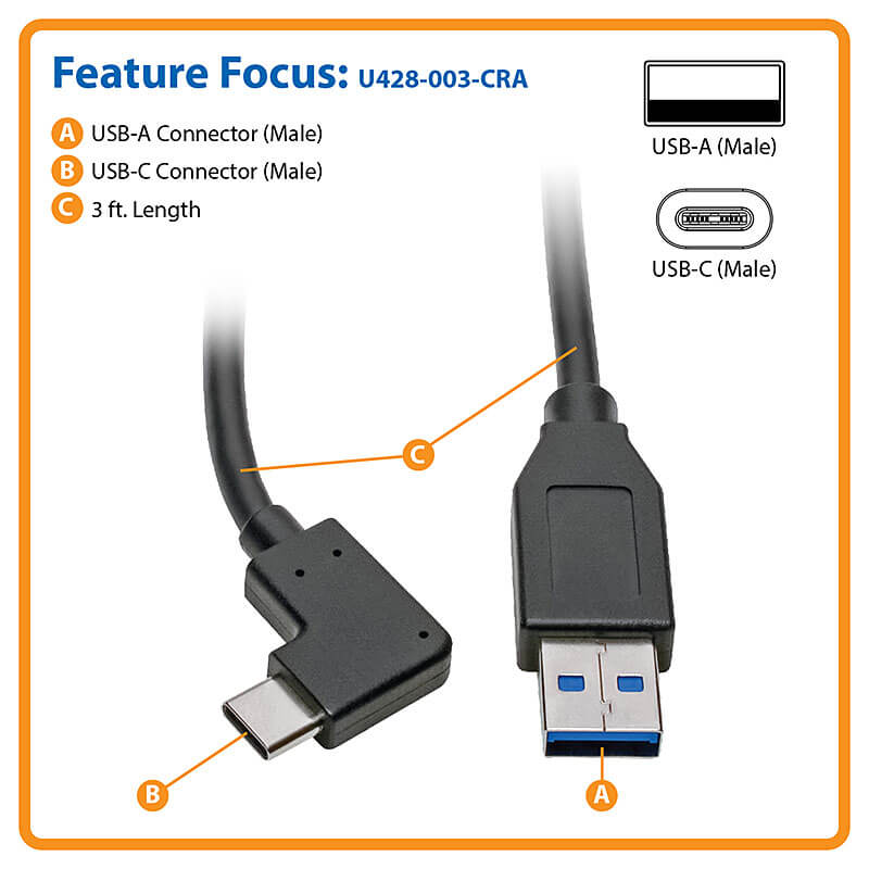 Cable USB C a USB Ángulo Recto 1, 91cm - Tripplite